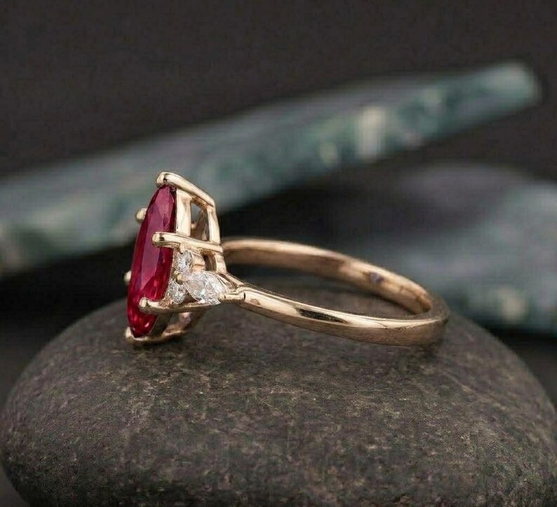 Marquise Ruby Ring, Red Gemstone Engagement Ring, Diamond Accent Cluster Ring, Vintage Red Ruby Promise Ring, July Birthstone Jewelry Gift