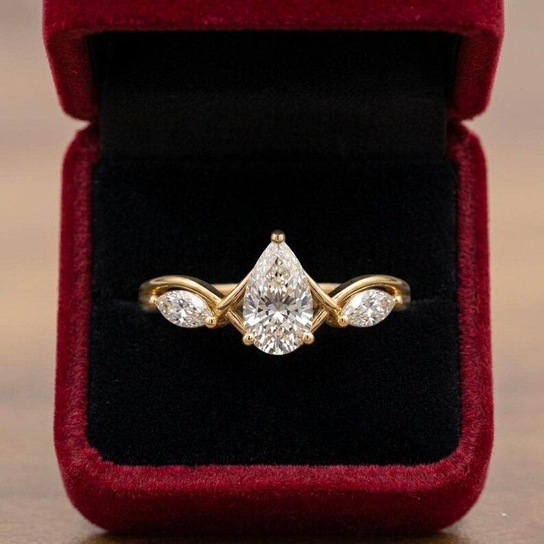 Whispering Unique Leaf Pear Diamond Ring, Nature Inspired Engagement Ring, Unique Gold Promise Ring Dainty Marquise Side Stones Gift for Her
