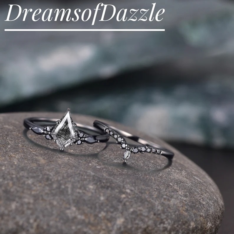 Black Gold Kite Cut Black Rutilated Quartz Engagement Ring Set, Witchy Black Promise Ring, Black Wedding Ring Set, Goth Black Bridal Set
