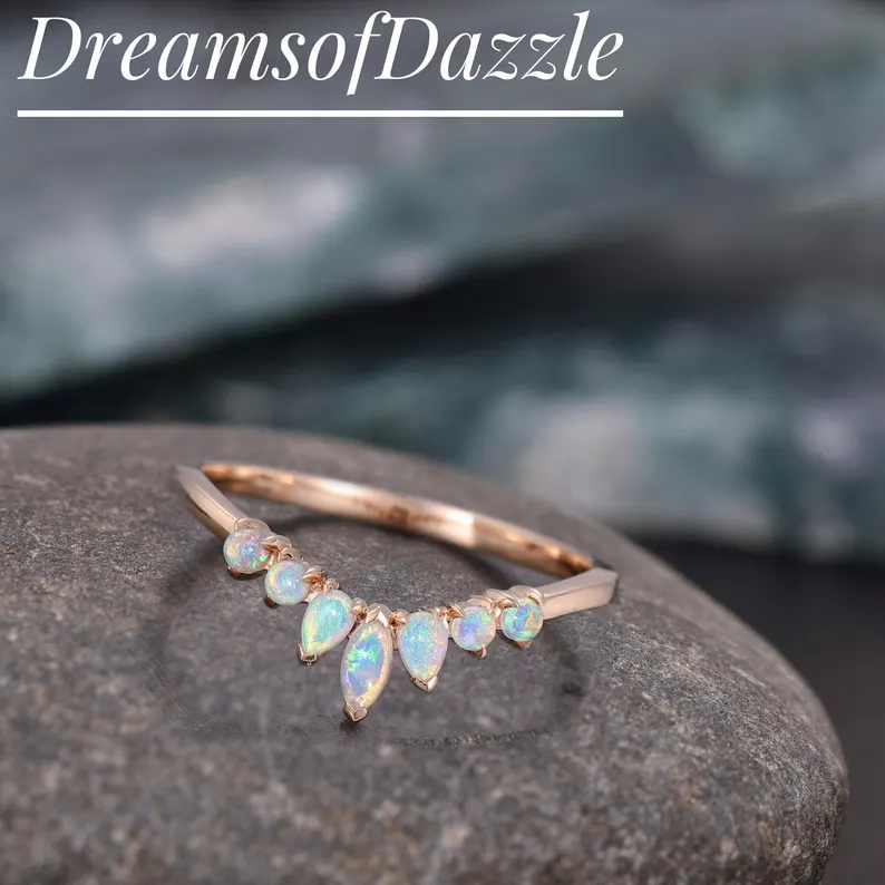 Opal Wedding Ring Opal Sapphire Wedding Band Half Eternity Matching Band Rose Gold Plated Sterling Silver 10K/14K Rose Gold Anniversary Ring