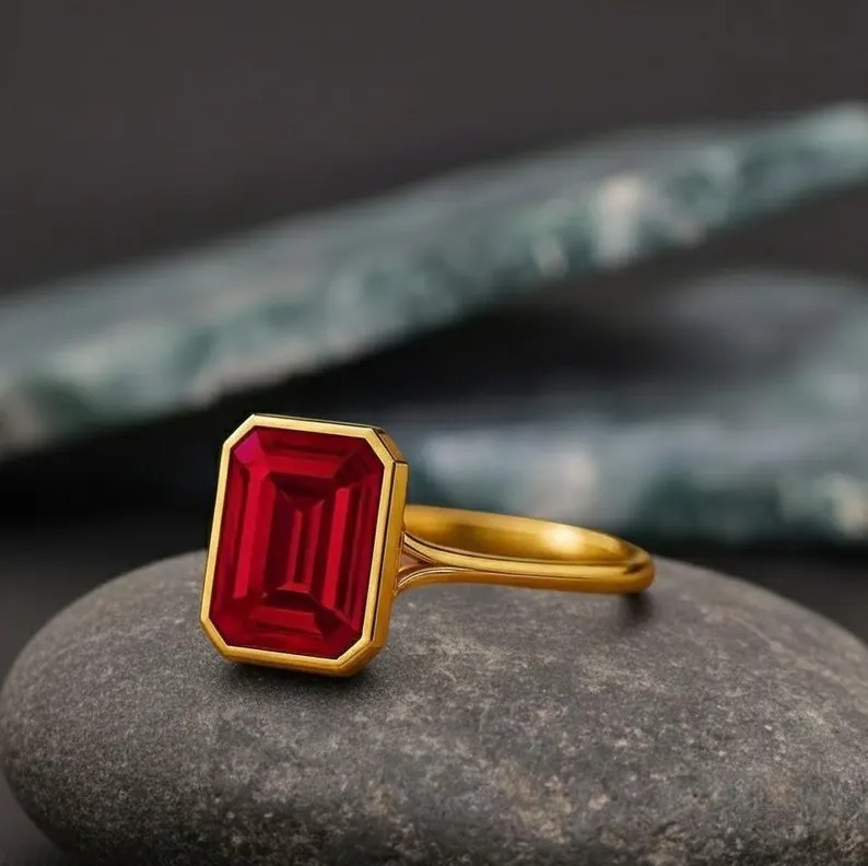 Emerald Cut Bezel Set Solitaire Single Stone Ring, Delicate Red Gemstone Ring, Bezel Set Engagement Ring, July Birthstone Jewelry Gift Her