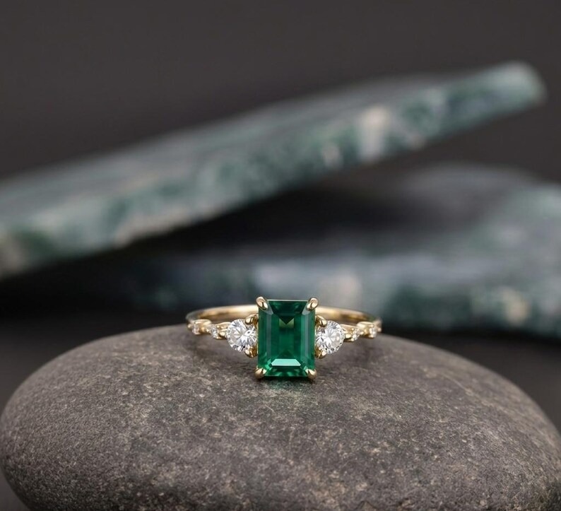 Green Emerald Engagement Ring, Classic Gold Ring with Diamond Accents, Vintage Emerald Cut Green Gemstone Ring, Christmas Gift, Gift For Her