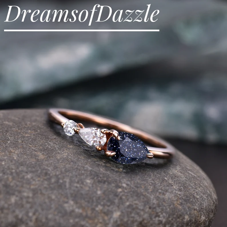 Vintage Sandstone Engagement Ring, Pear Cut Gems, Art Deco Moissanite Wedding Ring,3 Stone Unique Women Bridal Promise Ring, Customized Ring