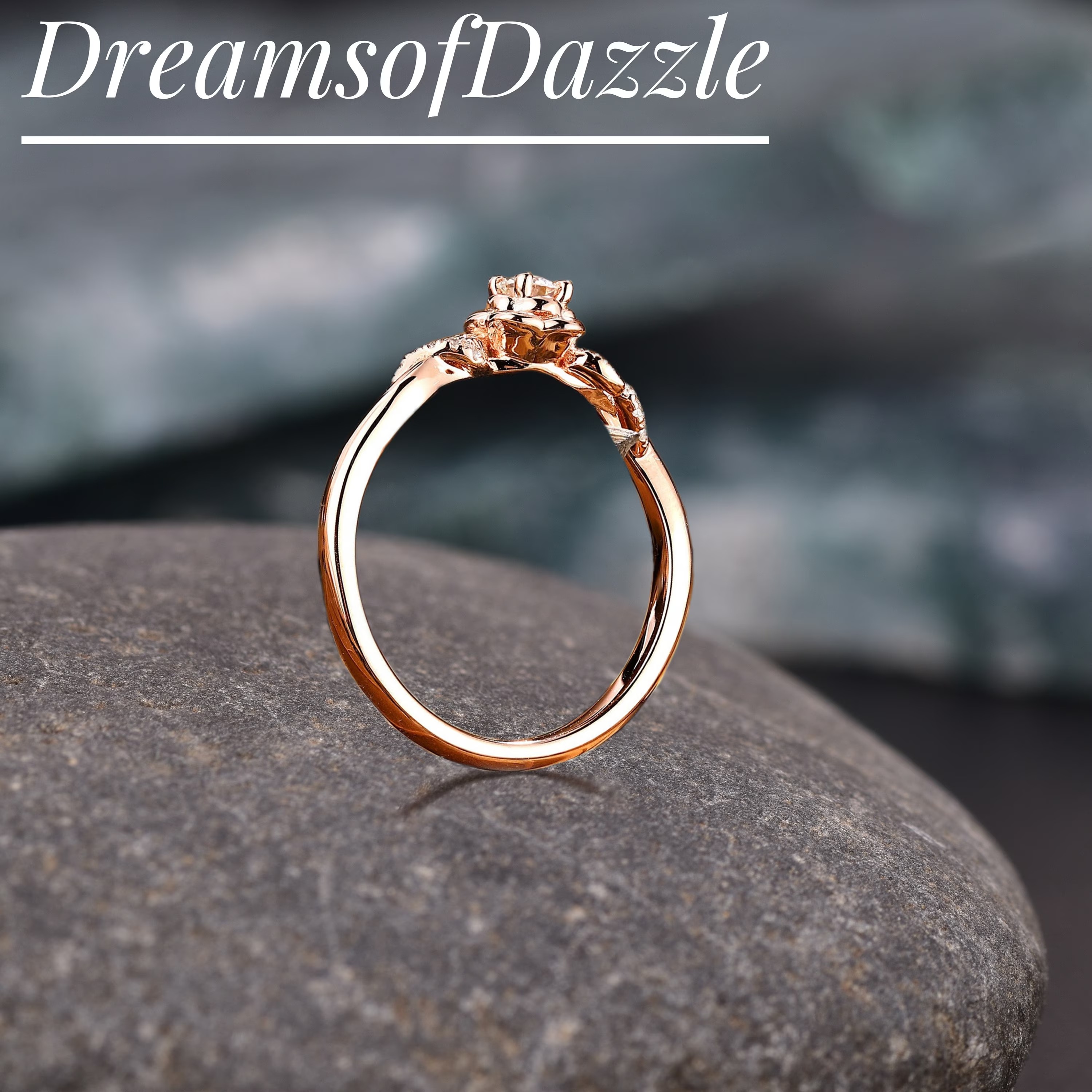 Floral Round Cut Moissanite Engagement Ring Rose gold Delicate Nature inspired Leaf design Bridal Ring Twist Anniversary Ring