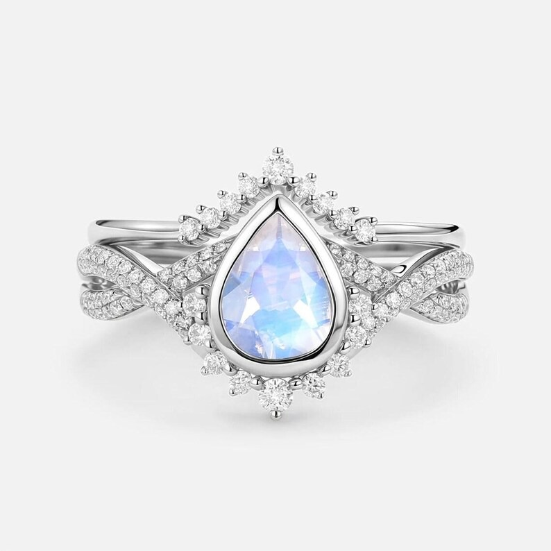 Natural Pear Cut Moonstone Engagement Ring Set, Vintage Infinity Moissanite Cluster Wedding Bridal Set, 14K Bezel Setting Rose Gold Ring Set