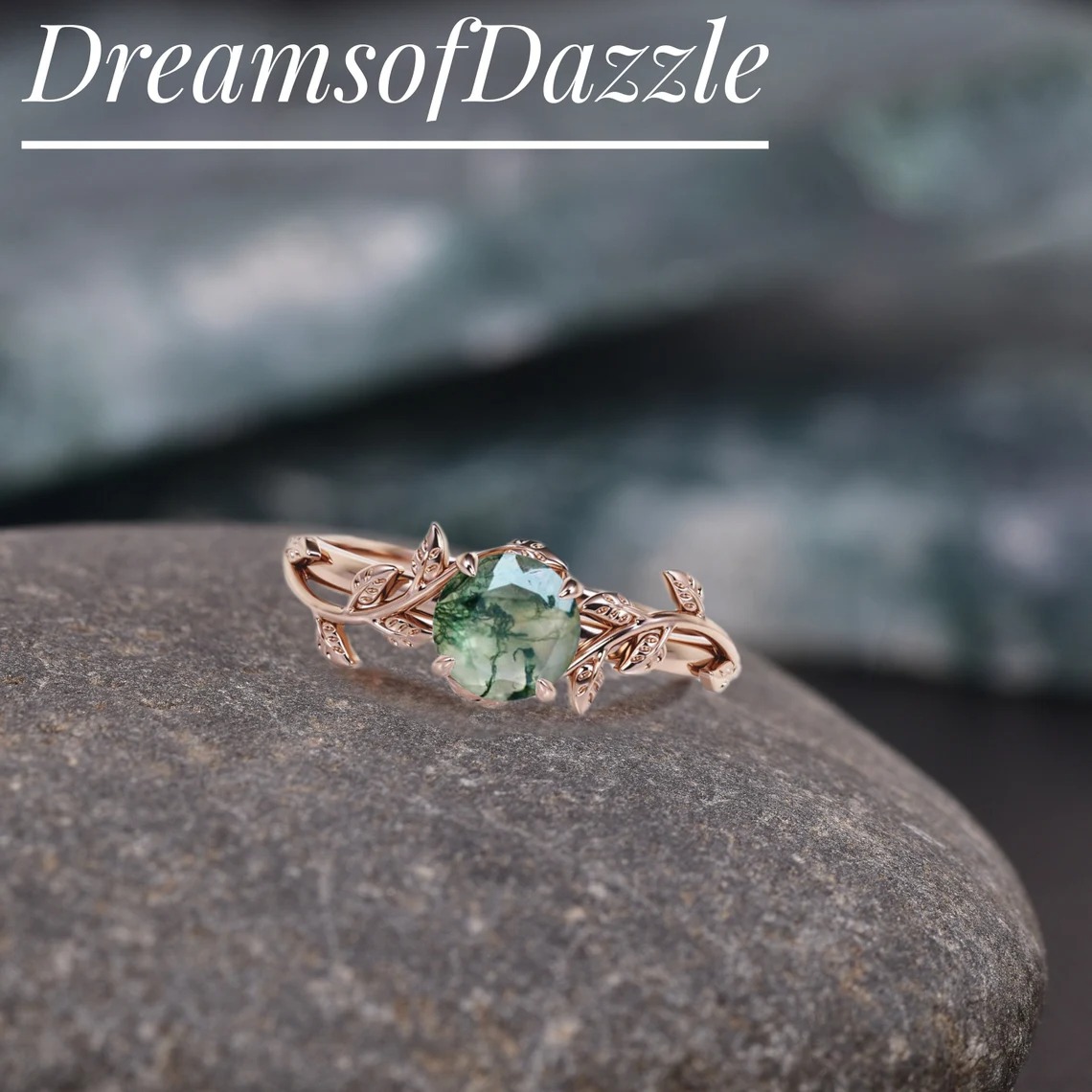 Vintage moss agate engagement ring Art deco leaf promise ring Nature inspired solid 14K 18K white gold cluster ring Unique Anniversary gifts