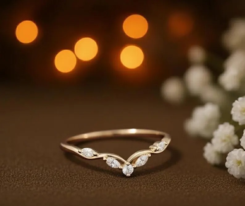Marquise Cut Moissanite Curved Wedding Band, Unique Yellow Gold Diamond Ring, Matching Stackable Band Ring, Anniversary Bridal Promise Ring
