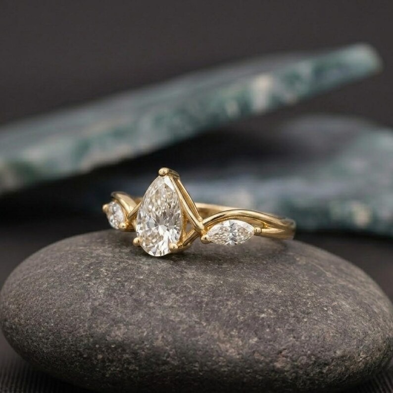 Whispering Unique Leaf Pear Diamond Ring, Nature Inspired Engagement Ring, Unique Gold Promise Ring Dainty Marquise Side Stones Gift for Her