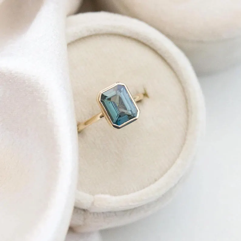 14K Yellow Gold Emerald Cut Teal Sapphire Engagement Ring, Bezel Set Ring, Gold Bridal Ring, Promise Ring, Handmade Ring, Gift For Her