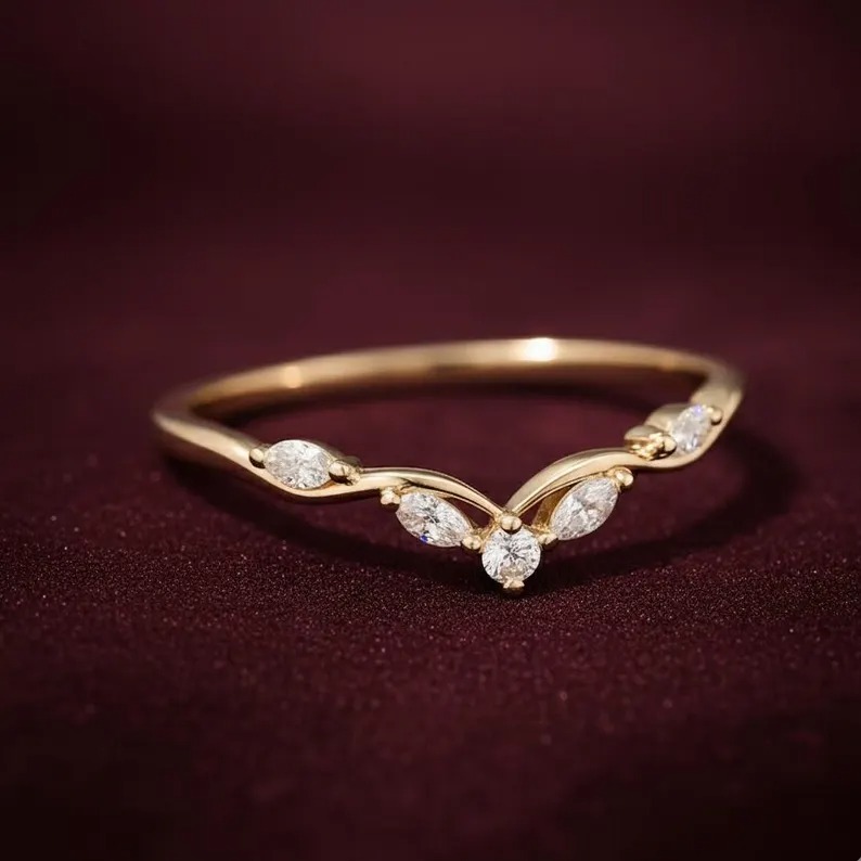 Marquise Cut Moissanite Curved Wedding Band, Unique Yellow Gold Diamond Ring, Matching Stackable Band Ring, Anniversary Bridal Promise Ring