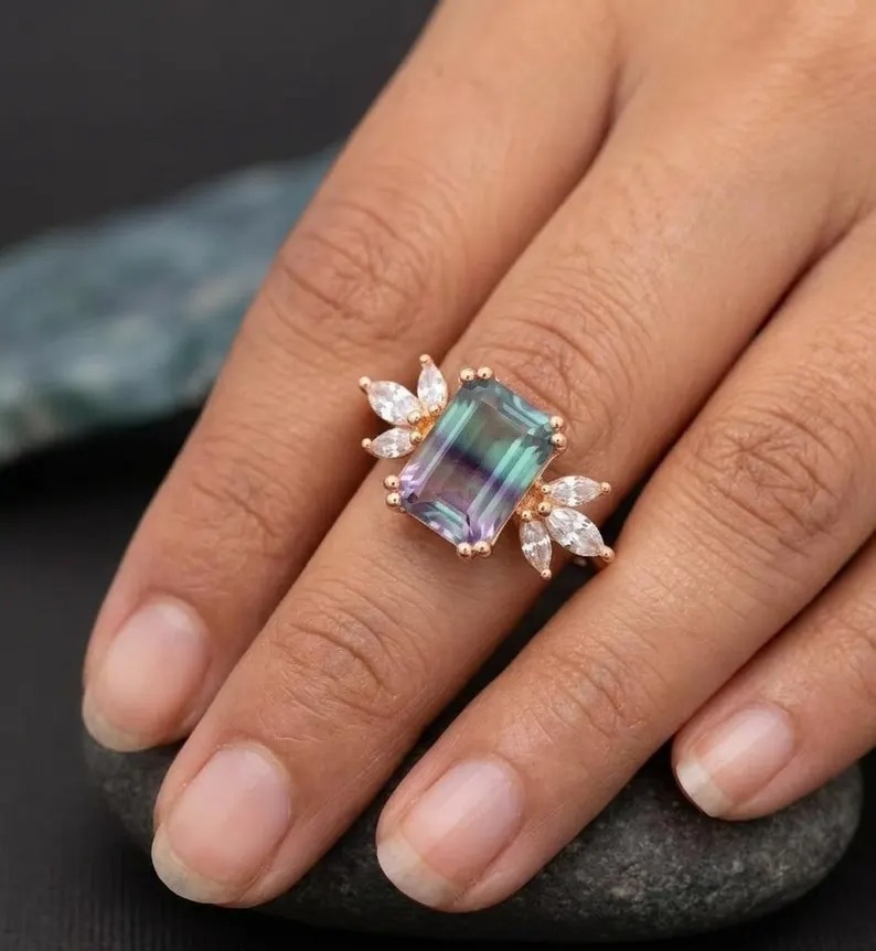 Watermelon Tourmaline Cluster Wedding Ring, 14k Yellow Gold Engagement Ring, Art Deco Ring Duel Color Gemstone Ring, Personalized Gift Ring