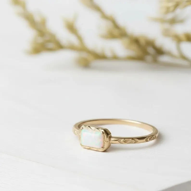 Dainty Opal Ring, Opal Gemstone Baguette Cut Ring, 14k Rose Gold Plated Ring, October Birthstone Ring, Minimalist Stacking Ring Gift For Her