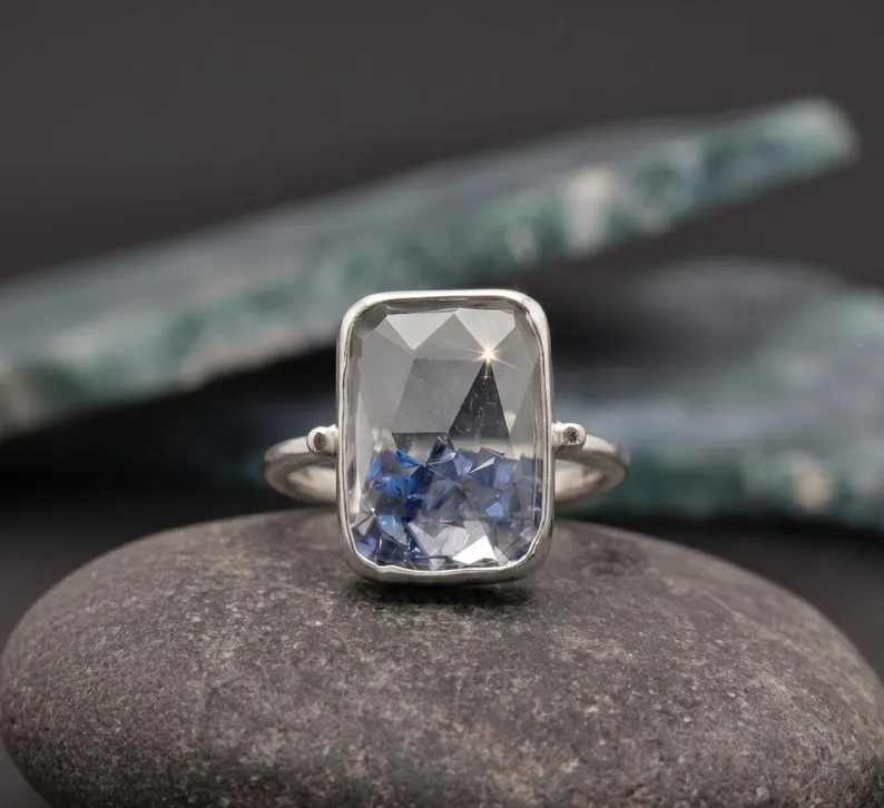 Rectangle Shaker Ring, Minimalist Statement Ring, Sterling Silver Shaker Ring Princess Shaped Sapphire Shaker Ring, Modern Geometric Jewelry