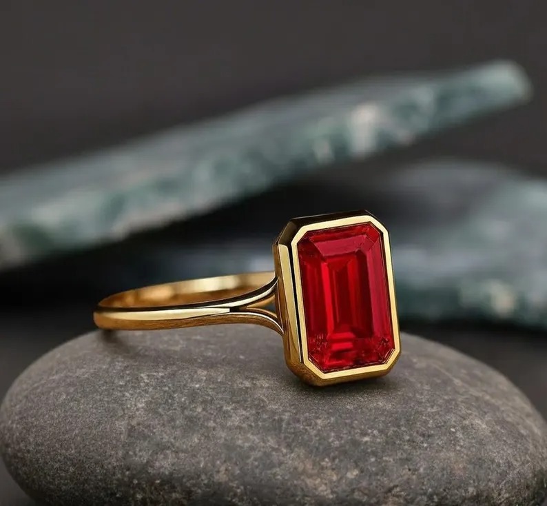 Emerald Cut Bezel Set Solitaire Single Stone Ring, Delicate Red Gemstone Ring, Bezel Set Engagement Ring, July Birthstone Jewelry Gift Her