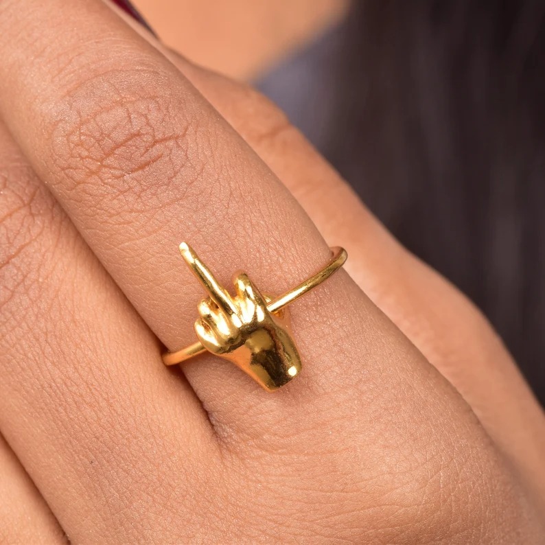 14K Gold Middle Finger Ring: Sterling Silver Statement Jewelry