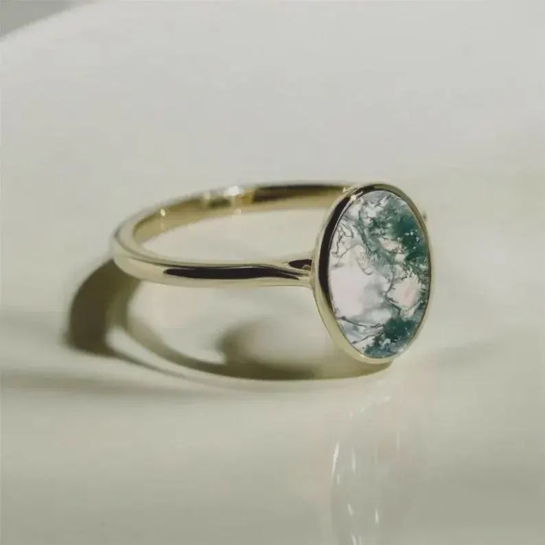 Moss Agate Ring, Oval Cut Moss Agate Ring, 14k Rose Gold Bezel Setting Ring, Green Single Gemstone Ring, Anniversary & Bridal Gift For Women