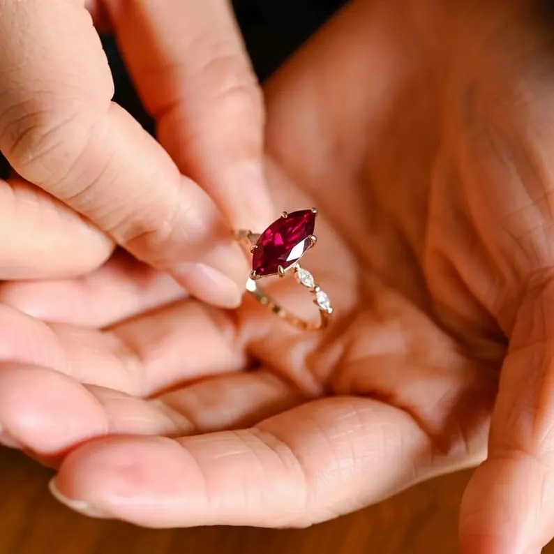 Ruby Ring, Marquise Cut Ruby Engagement Ring, Hidden Halo Weeding Ring With Marquise Side CZ Accent Ring, Anniversary & Bridal Gift For Her