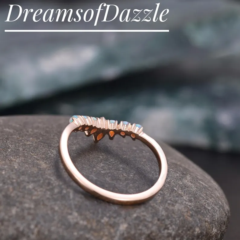Opal Wedding Ring Opal Sapphire Wedding Band Half Eternity Matching Band Rose Gold Plated Sterling Silver 10K/14K Rose Gold Anniversary Ring