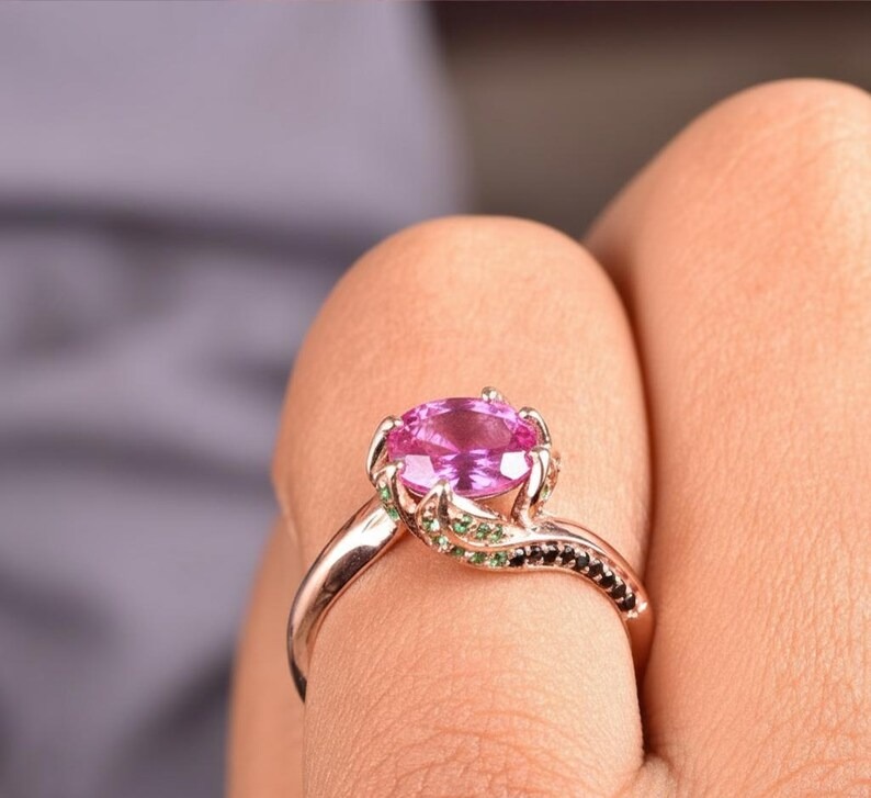 Round Cut Pink Sapphire Ring 18K Yellow Gold Bridal Ring, Delicate Art Deco Jewelry, Green And Black Gemstone Accents, Personalized Ring