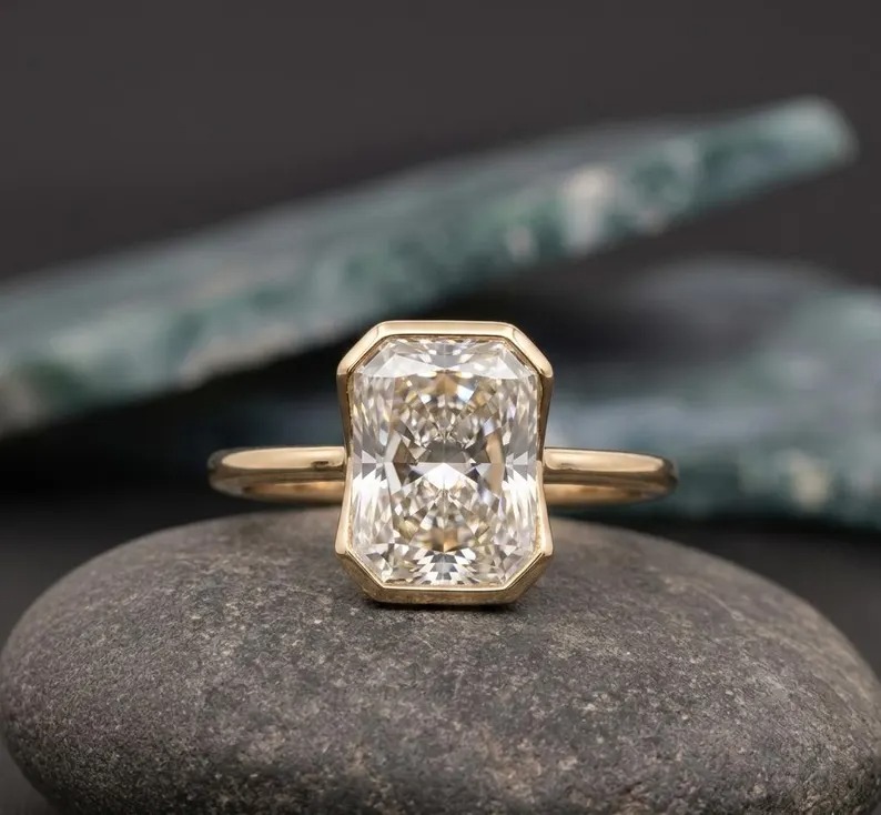 2 CT Emerald Cut Moissanite Engagement Ring, Half Bezel Set Anniversary Ring, Modern Classic Wedding Jewelry Gift For Her, Minimalist Ring