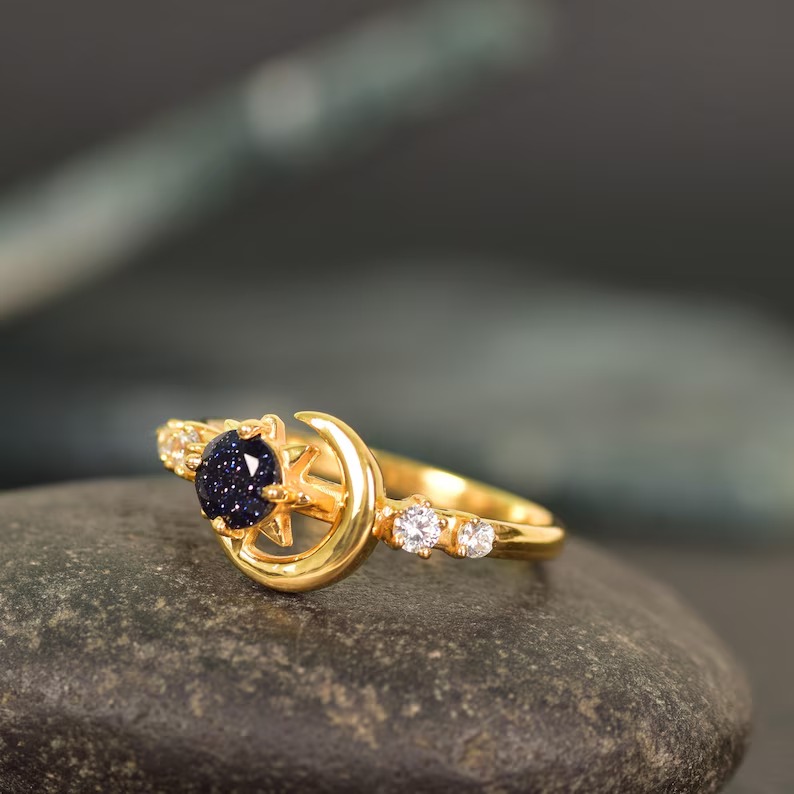 Nature Inspired Galaxy Blue Sandstone Engagement Ring, Moon Star Design Round Sandstone Ring, Starry Sky Goldstone Ring Promise Gift Ring