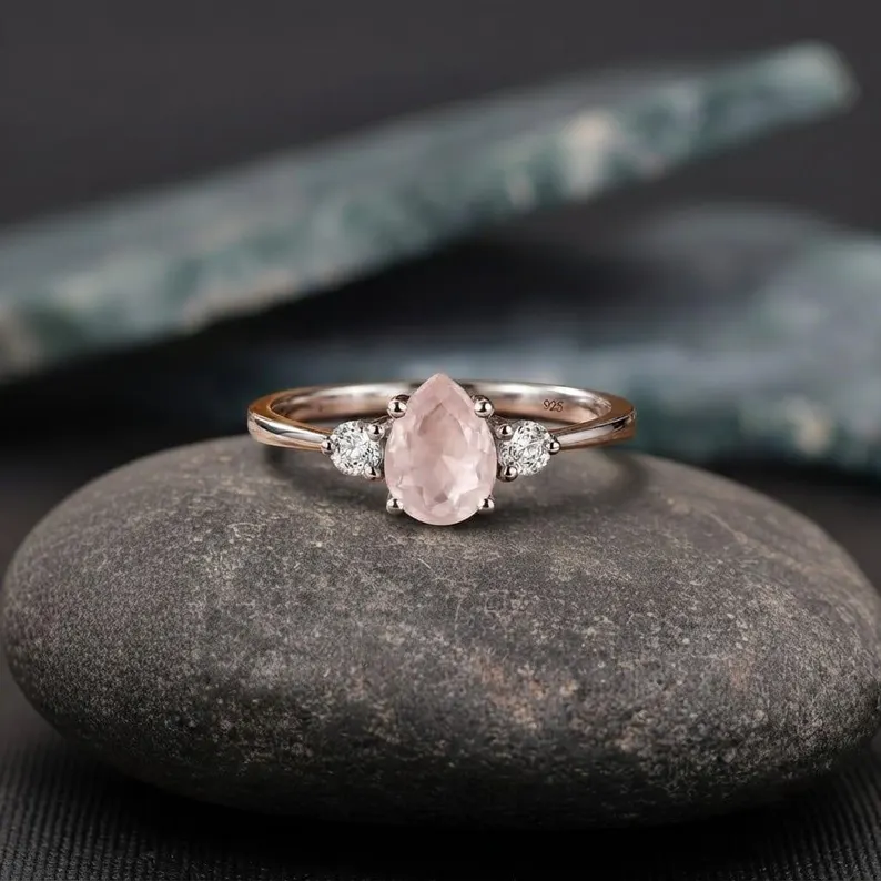 Natural Rose Quartz Three Stone Accent Ring, 925 Sterling Silver Ring For Her, Dainty Promise Ring, Pear Cut Rose Quartz Engagement Ring
