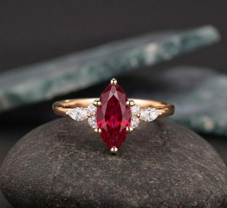 Marquise Ruby Ring, Red Gemstone Engagement Ring, Diamond Accent Cluster Ring, Vintage Red Ruby Promise Ring, July Birthstone Jewelry Gift