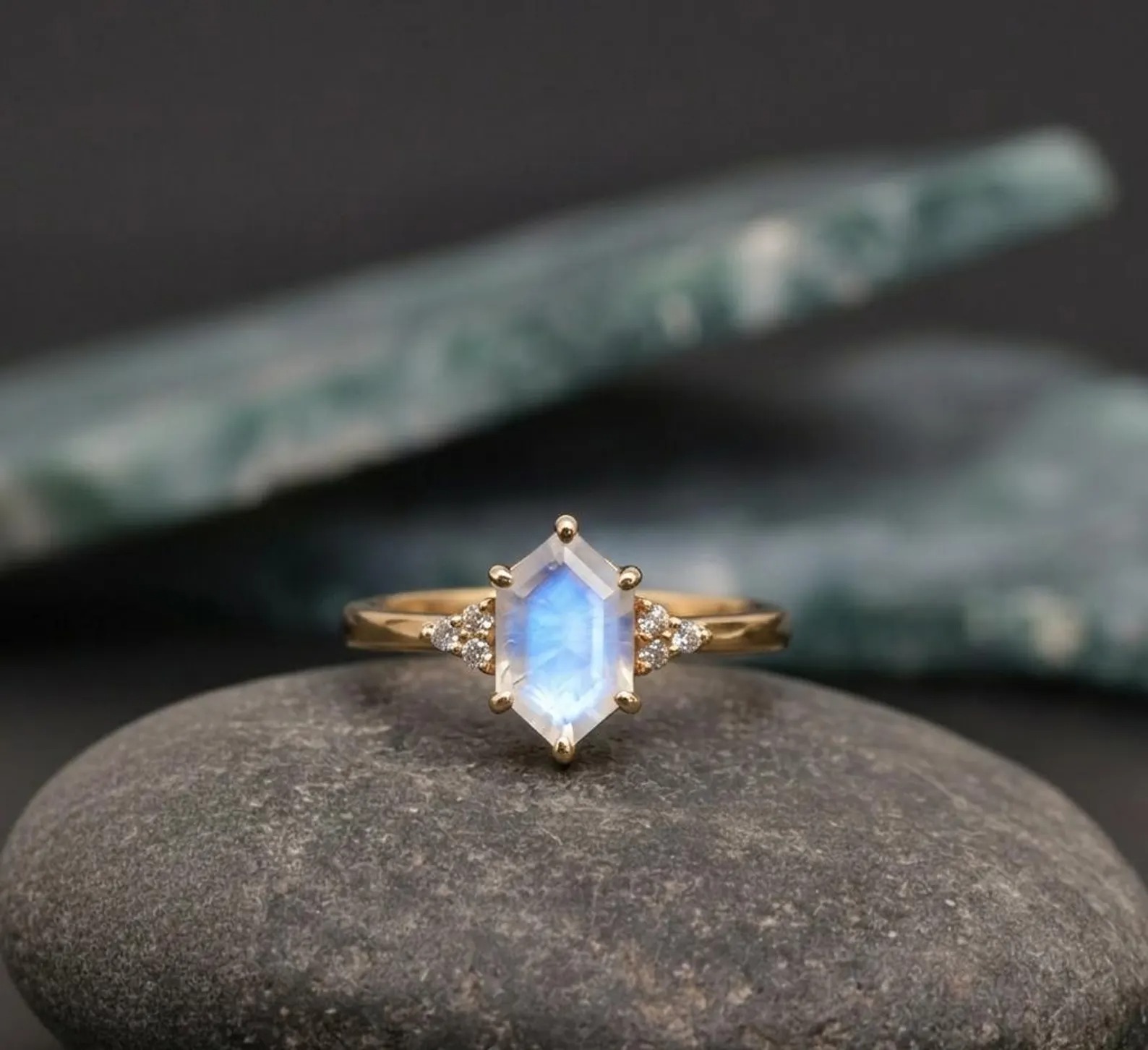 Hexagon Rainbow Moonstone Ring, 18K Gold Ring, June Birthstone Ring, Ring for Women, Handmade Jewelry, Gift for Women, Solitaire Gold Ring