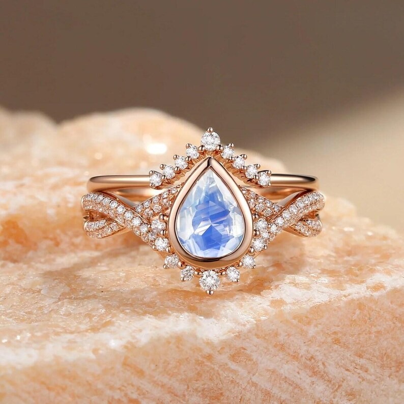 Natural Pear Cut Moonstone Engagement Ring Set, Vintage Infinity Moissanite Cluster Wedding Bridal Set, 14K Bezel Setting Rose Gold Ring Set