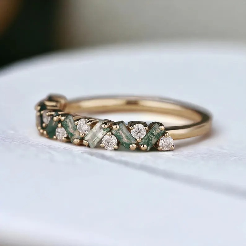 Moss Agate Cluster Wedding Band Bridal Moissanite Ring Promise Anniversary Matching Ring Unique Jewelry Half Eternity Band Gift For Love