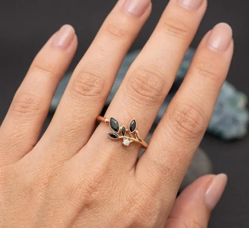 Floral Leaf Marquise Cut Onyx Ring, Dainty Diamond Accent Engagement Ring, Proposal Ring, Nature Inspired Ring For Her, Black Onyx Leaf Ring