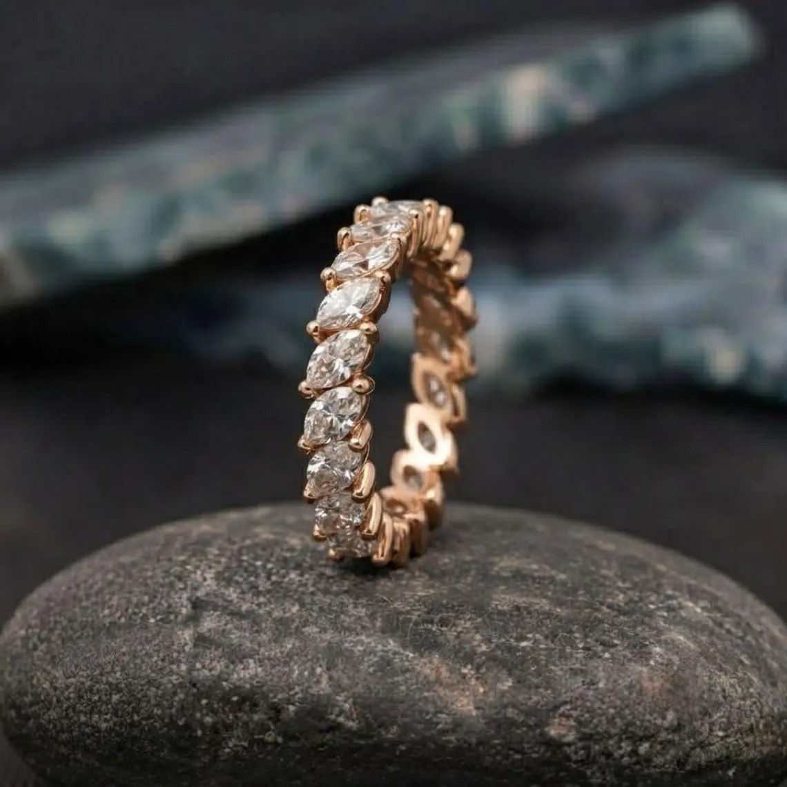 Marquise Diamond Eternity Band, Gold Wedding Band, Vintage Marquise Cut Ring, Anniversary Gold Band, Stacking Bridal Diamond Ring Gifts