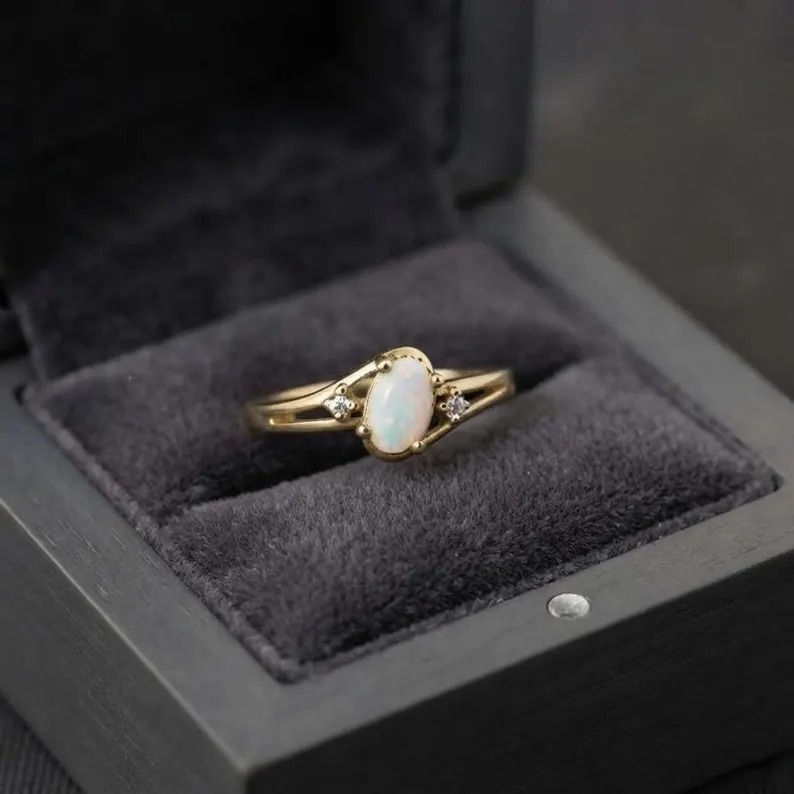 Dainty Oval Opal Ring, Gold Engagement Ring, October Birthstone Ring, Minimalist Promise Ring, Unique Bridal Jewelry, Unique Gift for Women