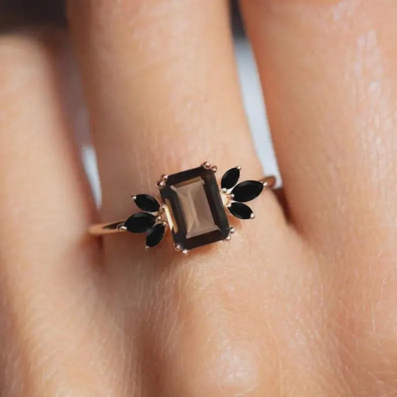Smoky Quartz & Black Onyx Ring, Emerald Cut Wedding Ring, Cluster Bridal Ring, 14K Solid Gold Anniversary Ring, Double Prong Setting Ring