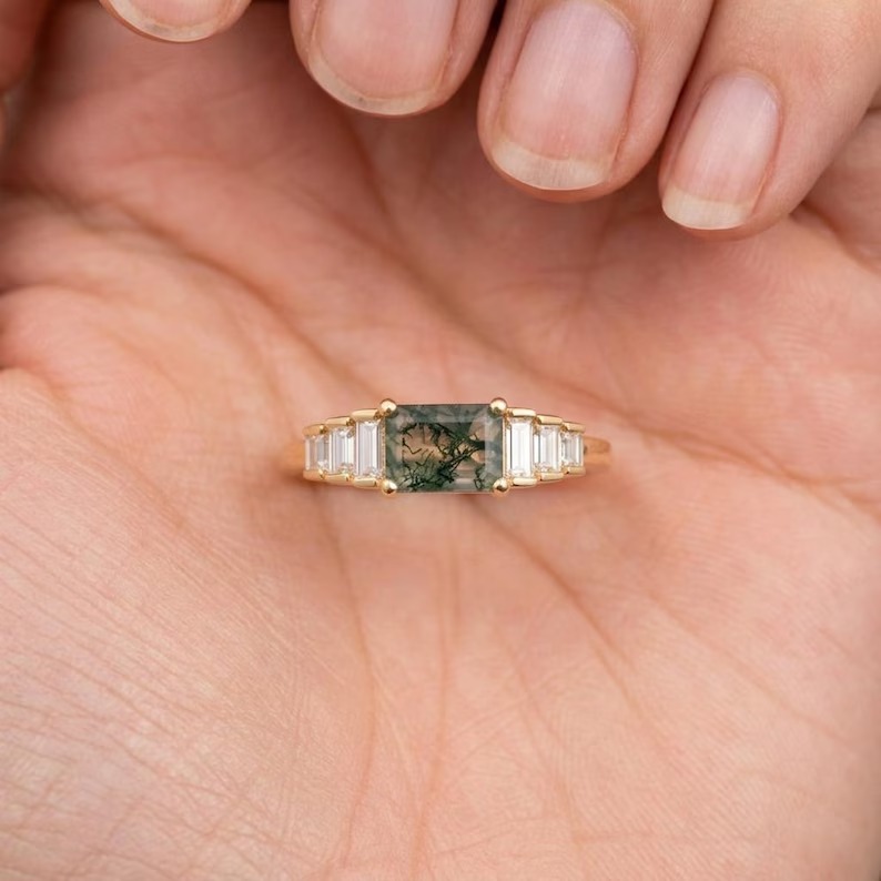 14K Solid Gold Moss Agate with Moissanite Cluster Ring, Solid Gold Baguette Gemstone Ring, Natural Green Moss Agate Baguette Engagement Ring
