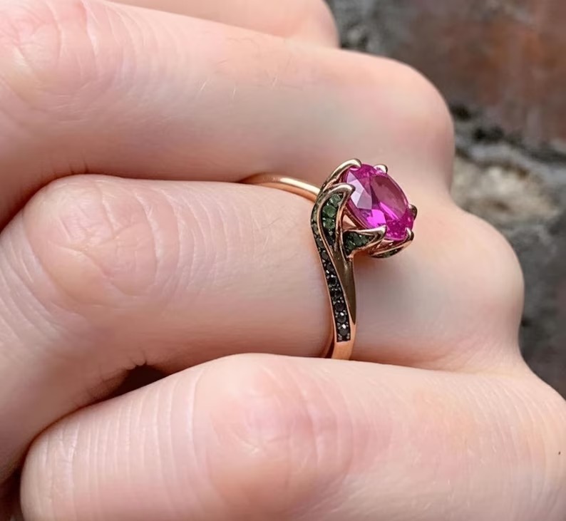 Round Cut Pink Sapphire Ring 18K Yellow Gold Bridal Ring, Delicate Art Deco Jewelry, Green And Black Gemstone Accents, Personalized Ring