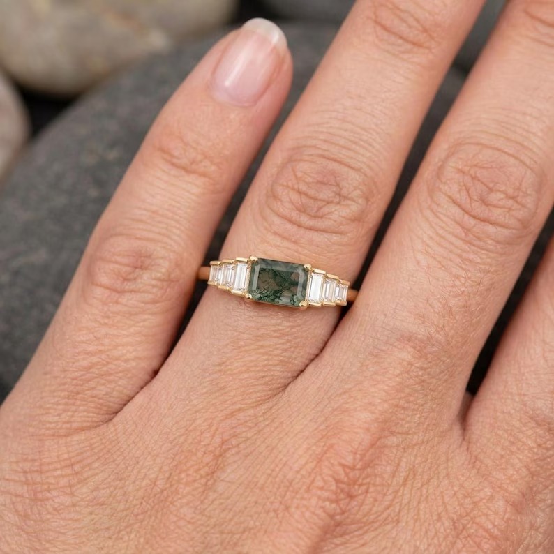 14K Solid Gold Moss Agate with Moissanite Cluster Ring, Solid Gold Baguette Gemstone Ring, Natural Green Moss Agate Baguette Engagement Ring