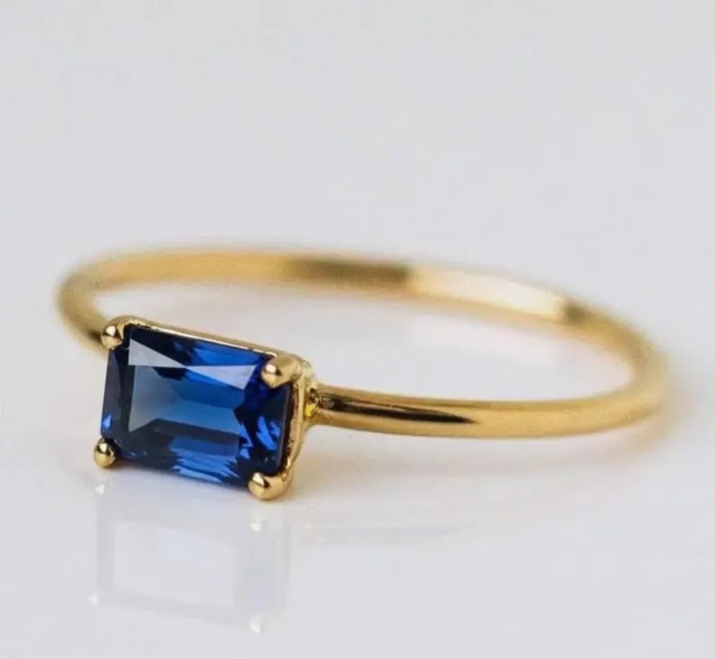 Sapphire Solitaire Ring, Baguette Cut Sapphire Blue Gemstone Ring, September Birthstone Ring, Minimalist Engagement Ring Gift For Her