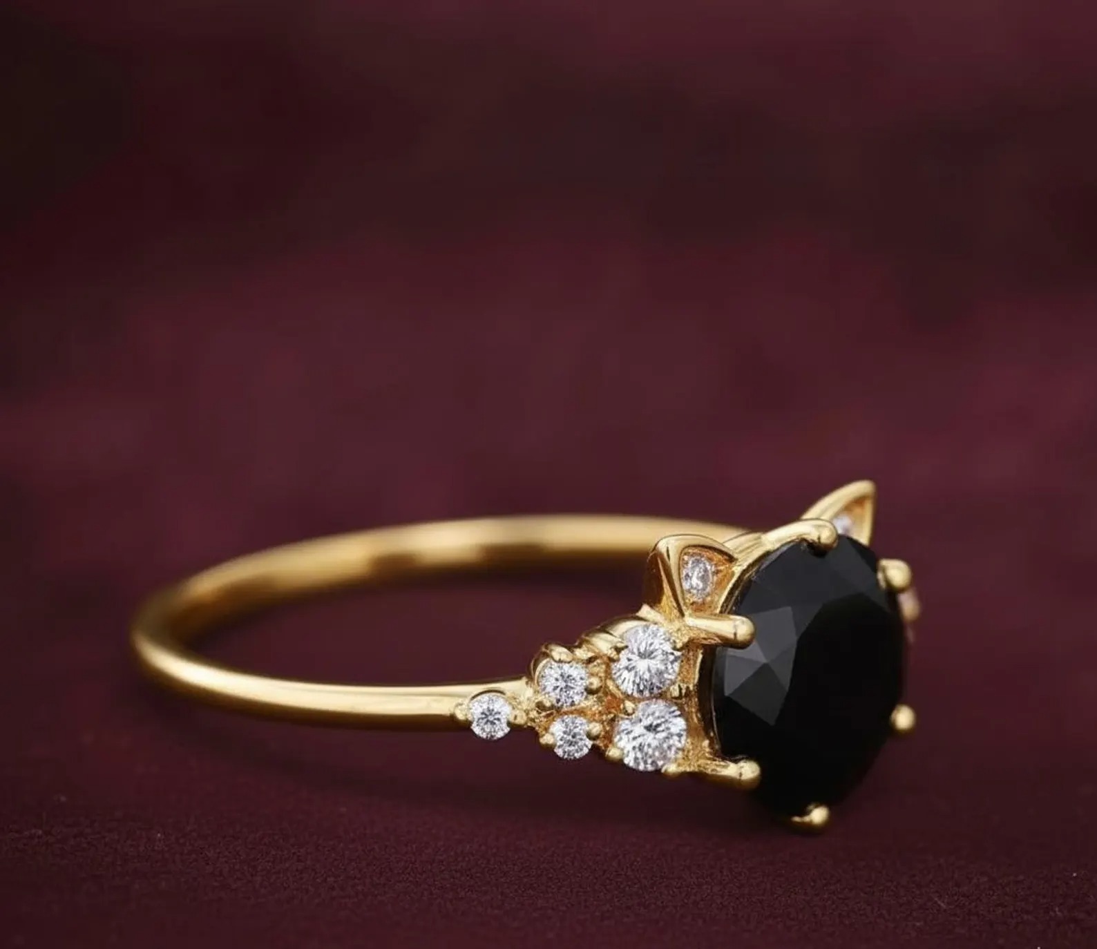 Unique Cat Ring Black Gemstone Rose Gold Ring, Unique Cat Lover Gift, Round Black Onyx Diamond Engagement Ring, Cat Ear Promise Ring for Her
