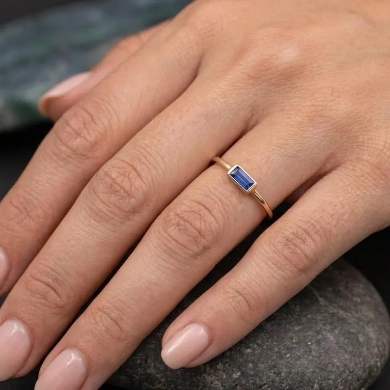 14k Gold Blue Sapphire Engagement Ring, Dainty Baguette Cut Sapphire Ring, September Birthstone Ring, Vintage Baguette Gold Stacking Ring
