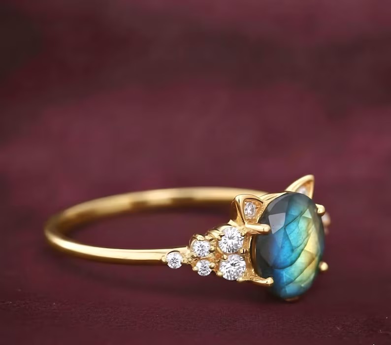 Unique Cat Ring Blue Gemstone Rose Gold Ring, Unique Cat Lover Gift, Round Labradorite Gemstone Wedding Ring, Cat Ear Promise Ring for Her