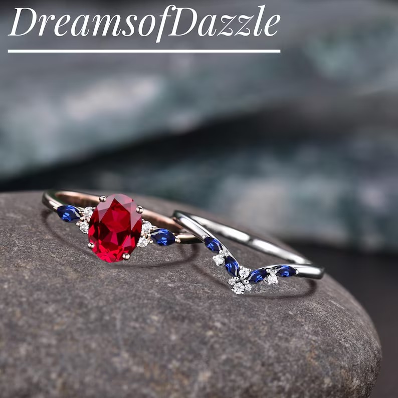 Vintage Oval Red Ruby Engagement Ring Set, Antique Unique Cluster Diamond Bridal Wedding Ring Set, Sapphire Wedding Band, Promise Ring