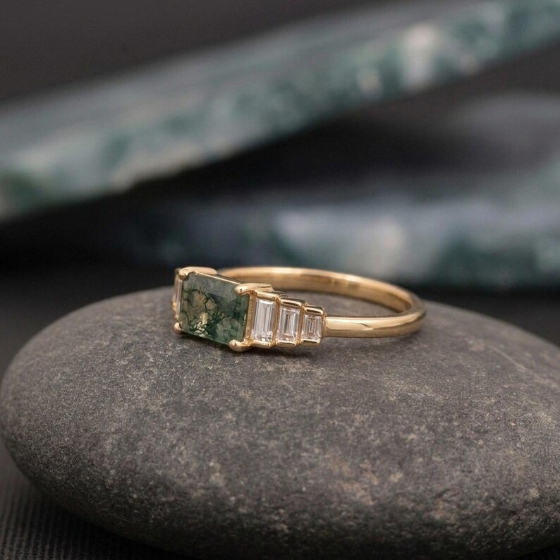 14K Solid Gold Moss Agate with Moissanite Cluster Ring, Solid Gold Baguette Gemstone Ring, Natural Green Moss Agate Baguette Engagement Ring