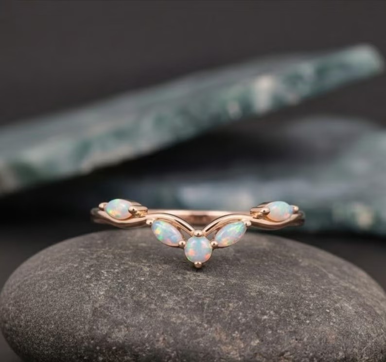Delicate Opal Vintage curved wedding band Unique rose gold Marquise Art deco Matching stackable Opal ring Women Dainty bridal Promise Rings