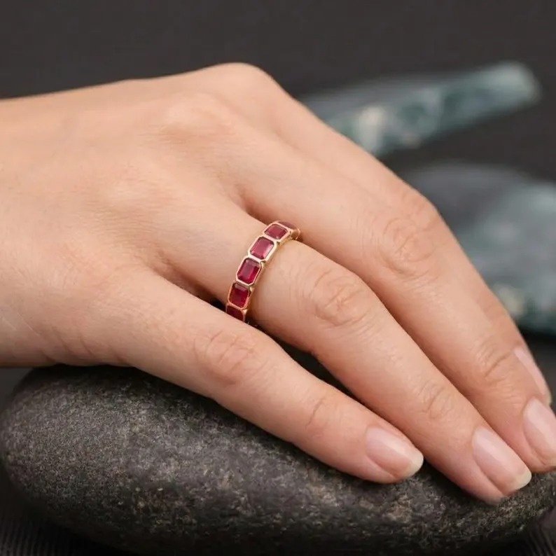 Baguette Cut Bezel Set Red Ruby Wedding Band, 14K Yellow Gold Dainty Anniversary Gift For Her, Stackable Bridal Jewelry Full Eternity Band
