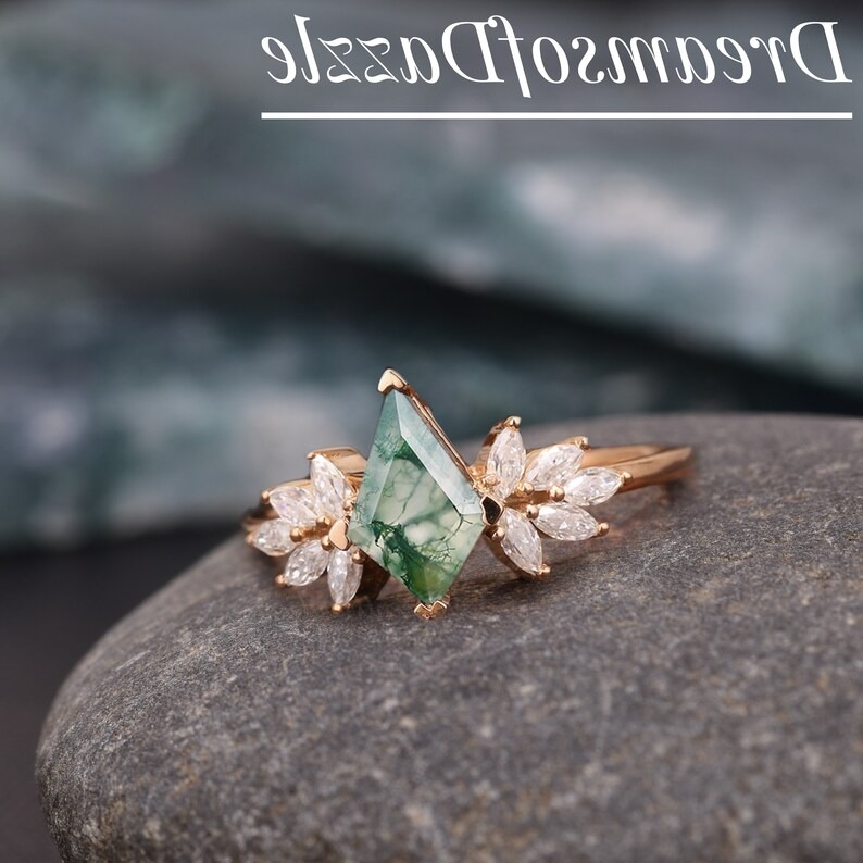 Vintage Kite Cut Moss Agate Engagement Ring, Unique 14k Cluster Marquise Moissanite Ring, Delicate-Stacking Ring, Anniversary Gift For Her