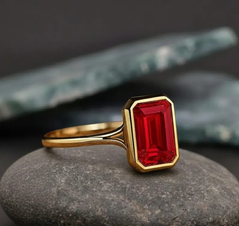 Emerald Cut Bezel Set Solitaire Single Stone Ring, Delicate Red Gemstone Ring, Bezel Set Engagement Ring, July Birthstone Jewelry Gift Her