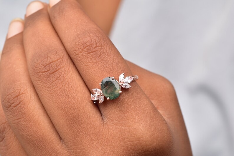 925 Sterling Silver Oval Cut Natural Moss Agate Ring For Women Wedding Engagement Band Gemstone Handmade Promise Ring Anniversary Ring Gift