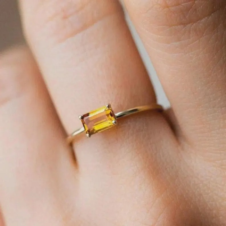 Citrine Solitaire Ring, Baguette Cut Yellow Gold Citrine Gemstone Ring, November Birthstone Ring, Minimalist Engagement Ring Gift For Her