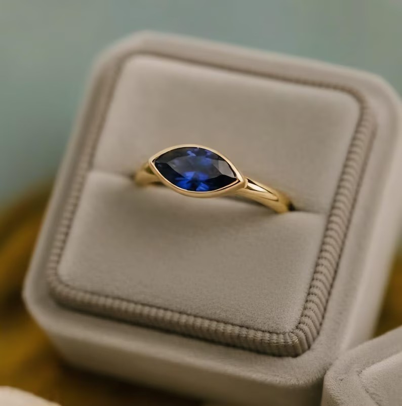 Marquise Blue Sapphire Ring: East-West Sterling Silver Signet, Bezel Set Gemstone Wedding Ring, Promise Ring, Single Solitaire Delicate Ring